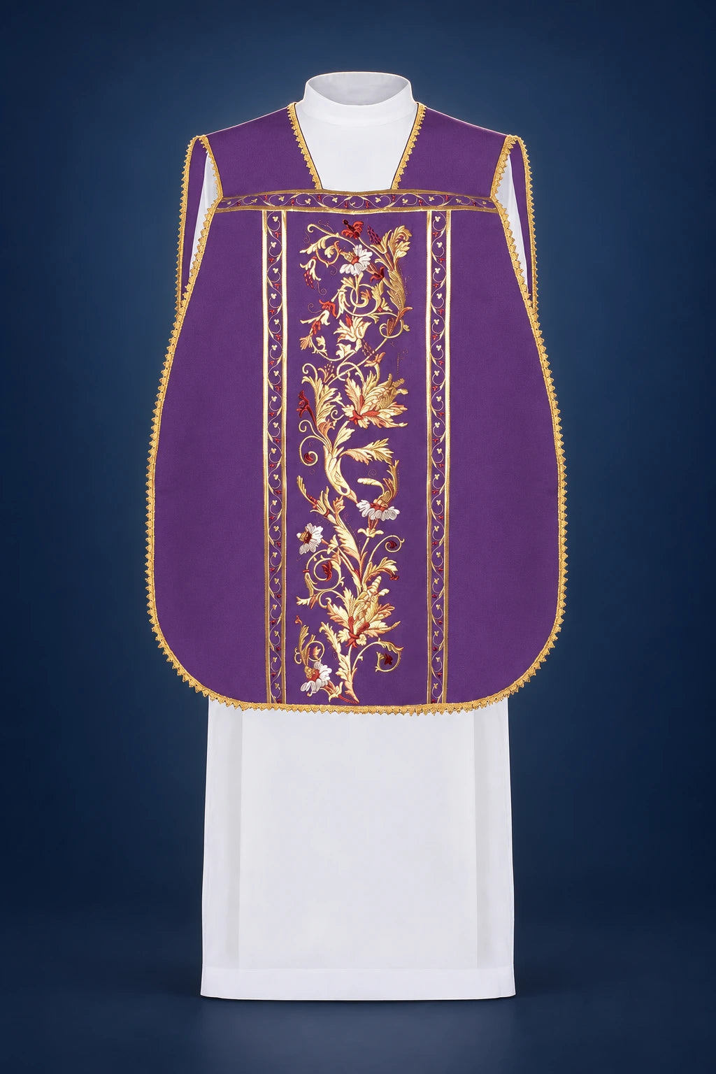 Front view of a purple Roman chasuble with gold trim and a central embroidered chalice vine motif