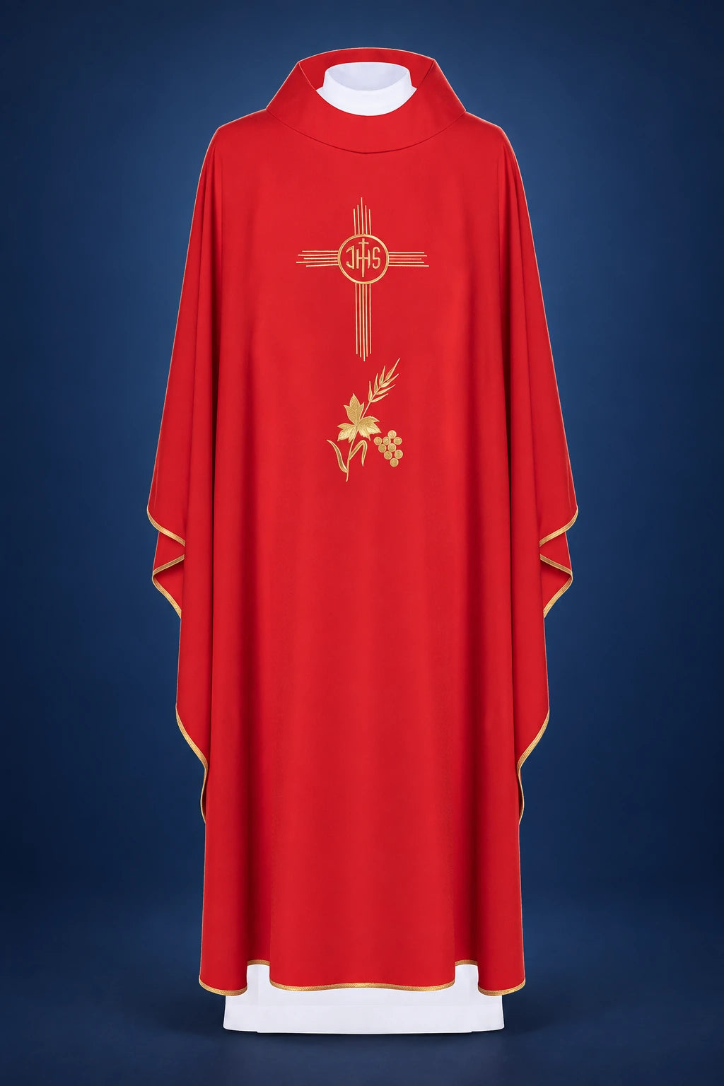 Front view of a red Catholic chasuble with gold trim and gold IHS and floral embroidery on the chest.
