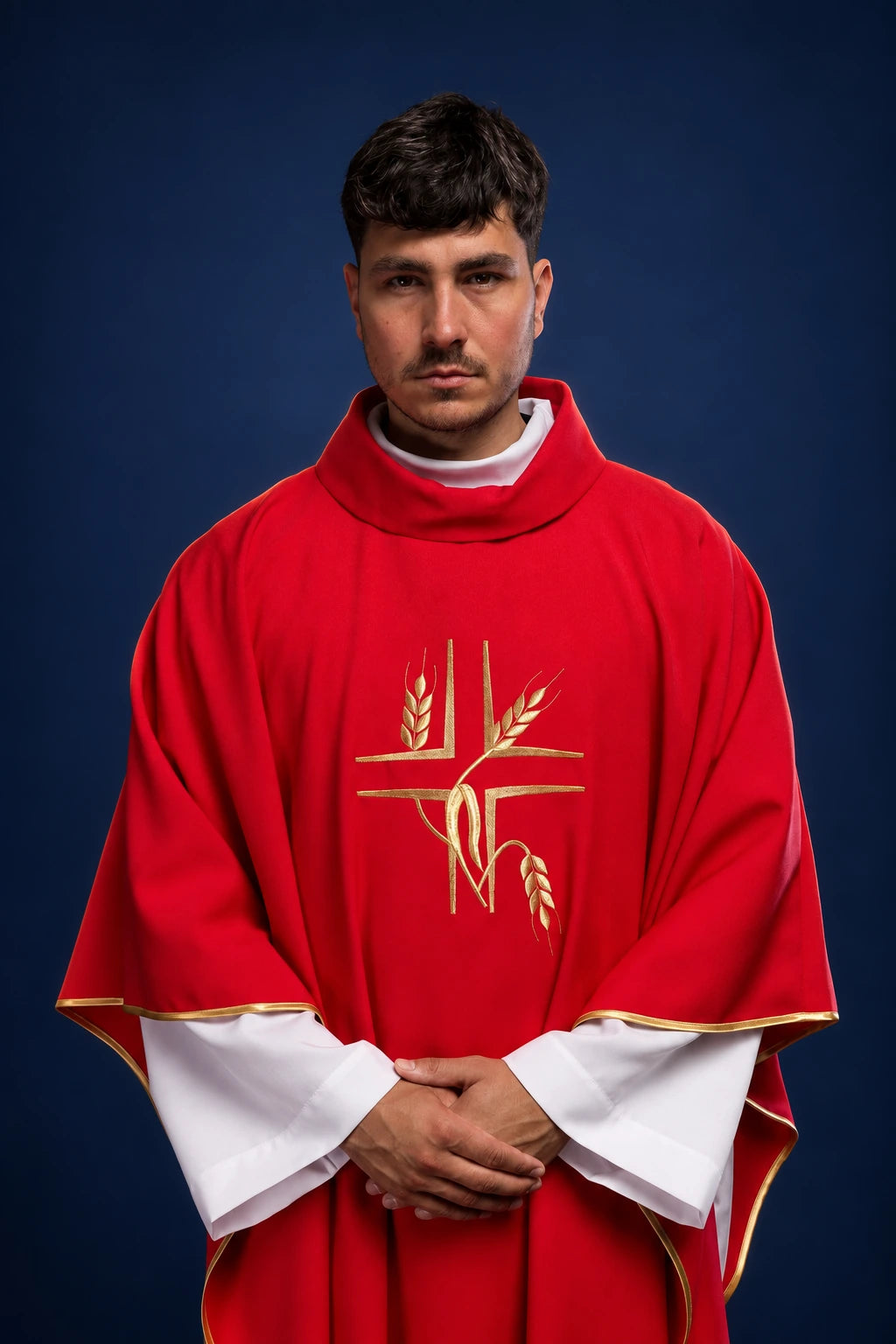 Front view of a red chasuble with gold cross and wheat embroidery and gold-edged sleeves