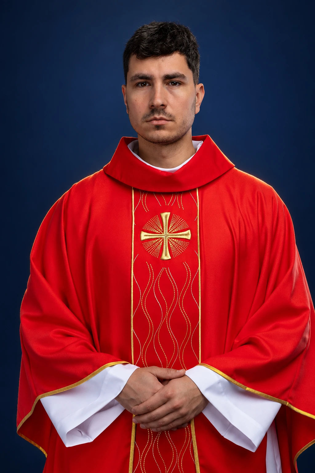 Front view of a red chasuble with gold embroidered cross and flowing vine motifs