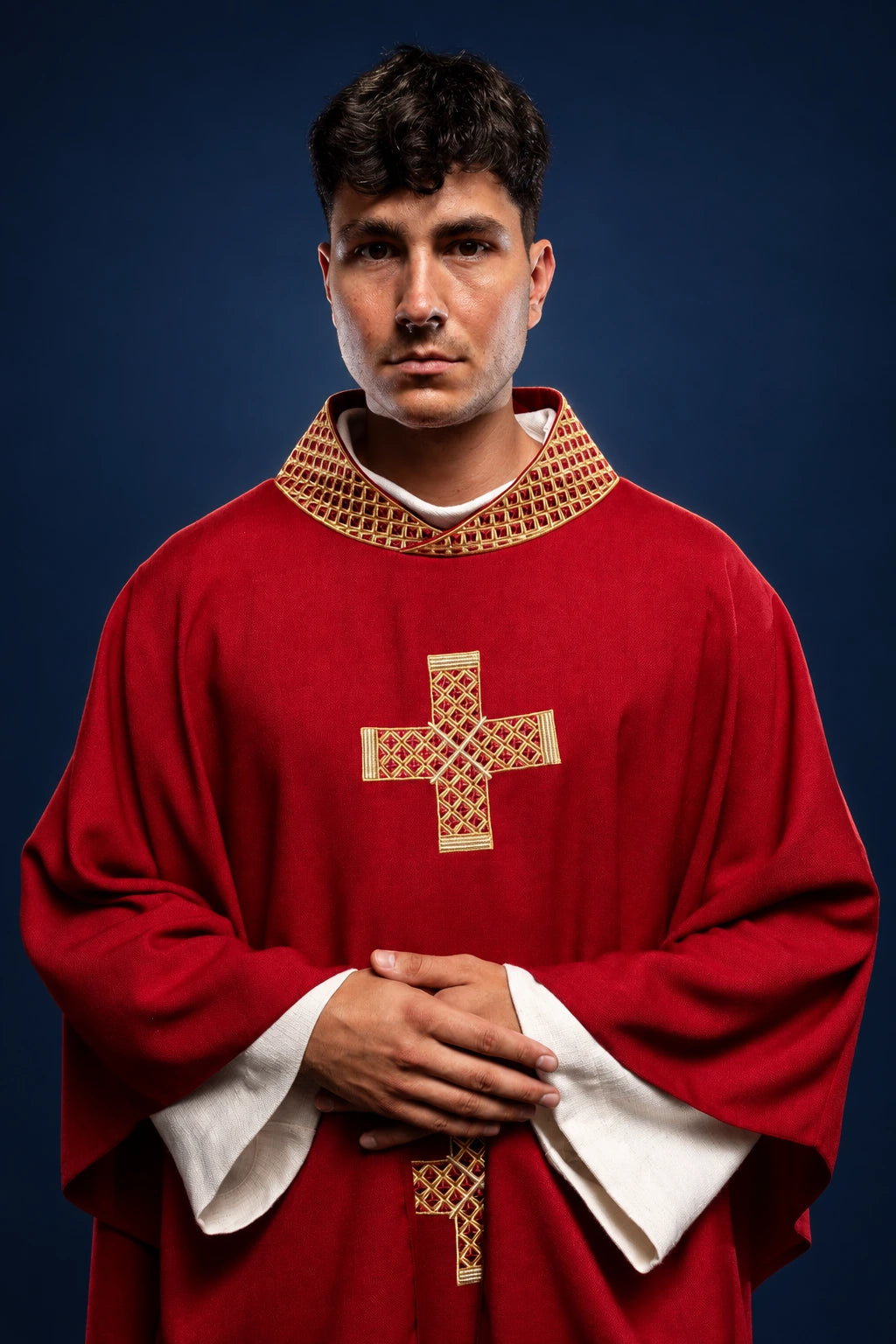 Front view of a red chasuble with gold embroidered cross and patterned collar and border trim