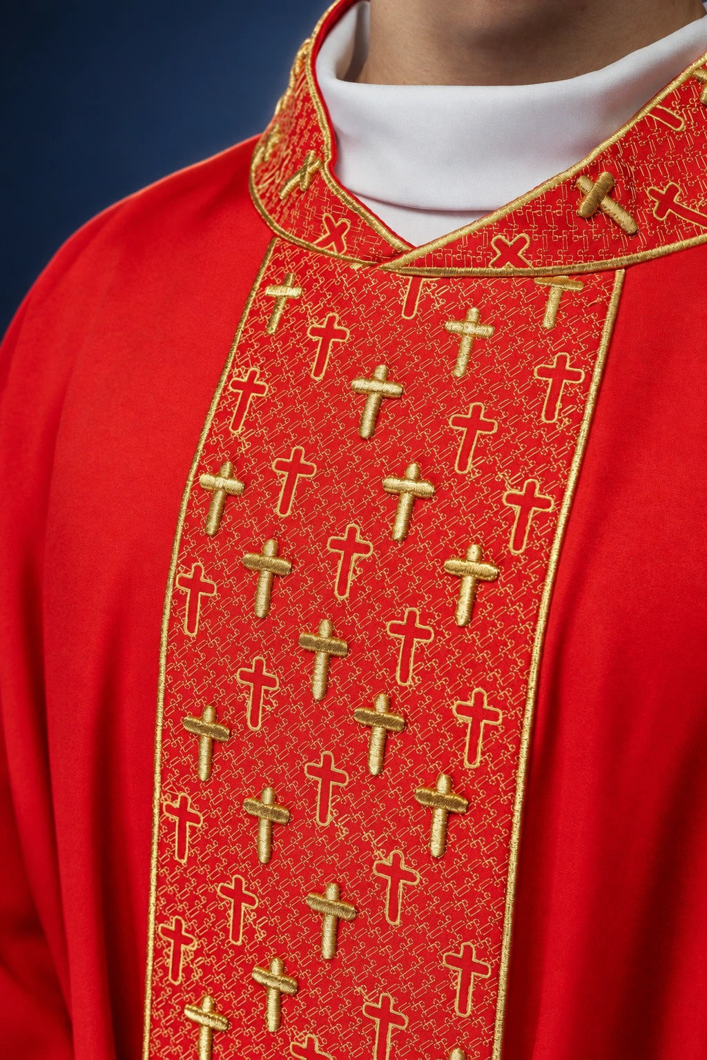 Front view of a red chasuble with a gold embroidered orphrey patterned with crosses