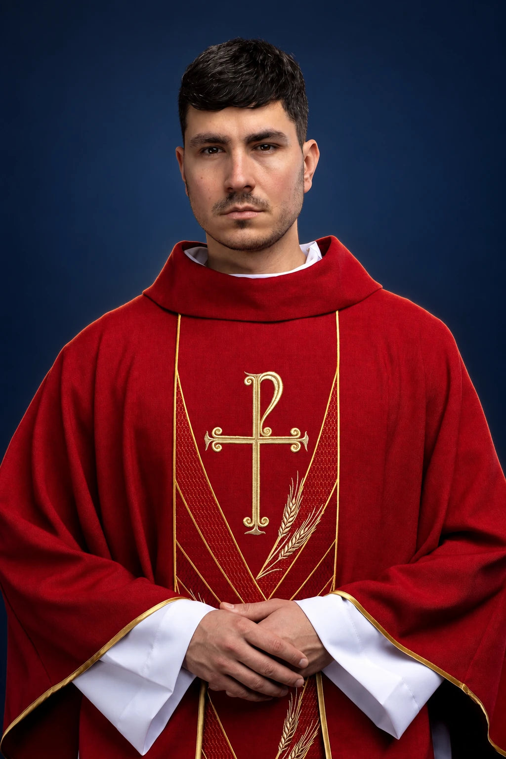 Front view of a red chasuble with gold embroidered PAX orphrey and wheat motif
