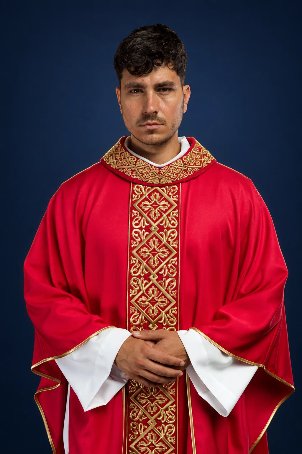 Front view of a red chasuble with gold floral and cross embroidery down the center panel and collar
