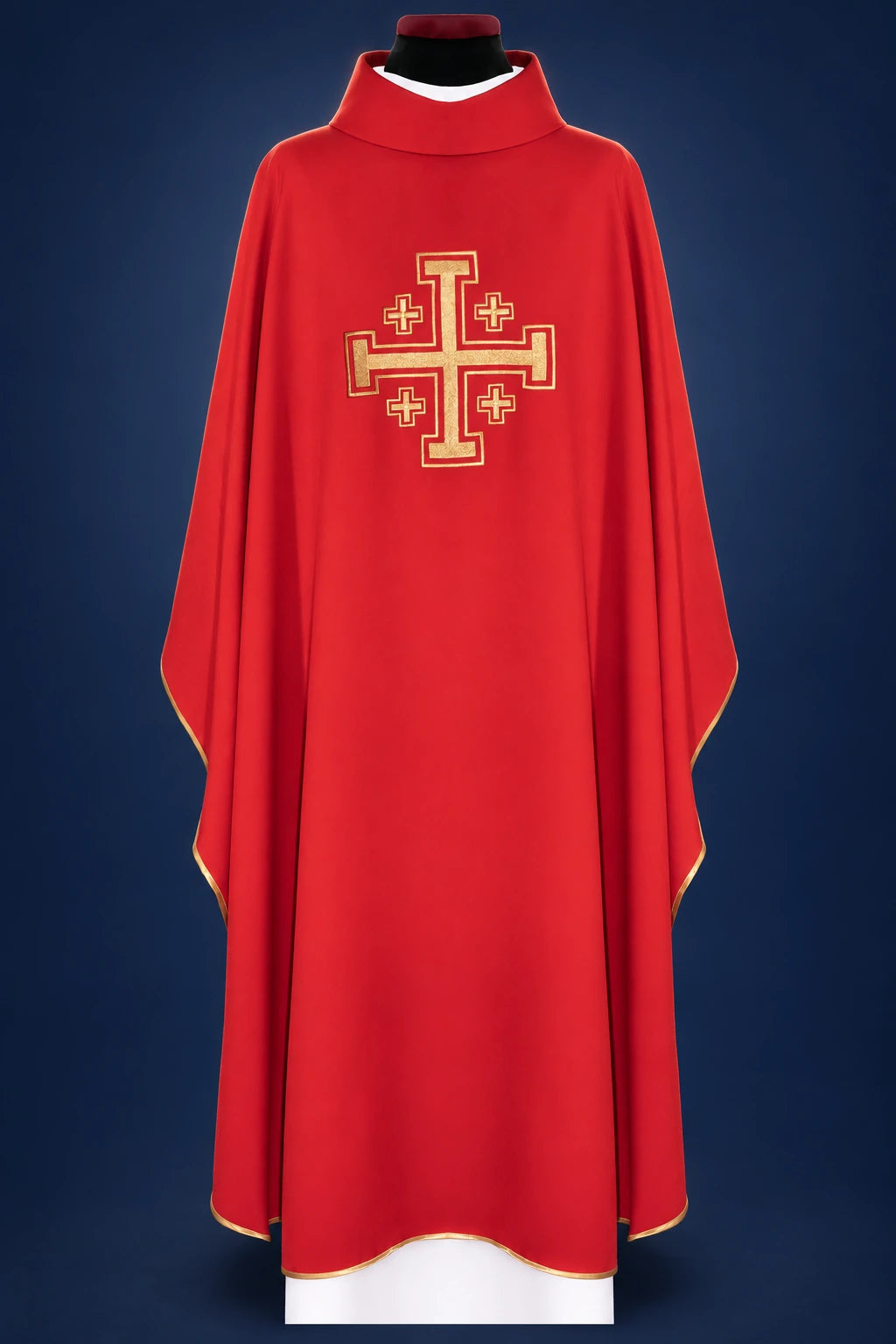 Front view of a red chasuble with gold-trimmed cross motif on the chest and gold edging