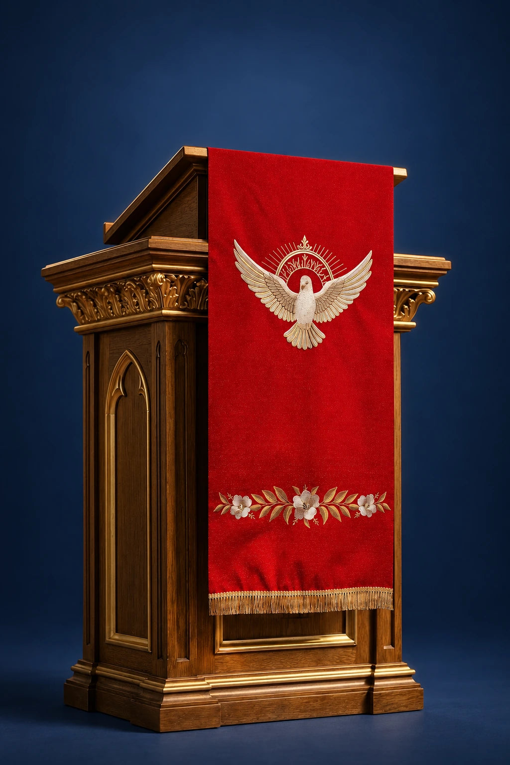 Front view of a red lectern cover with embroidered white dove, radiance, and floral border