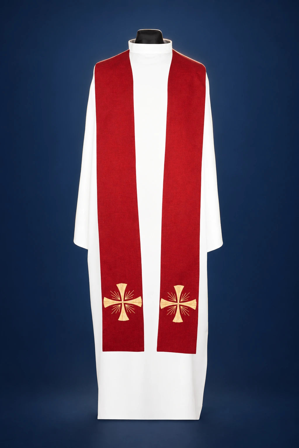 Front view of a red priest stole with gold cross embroidery at the lower ends