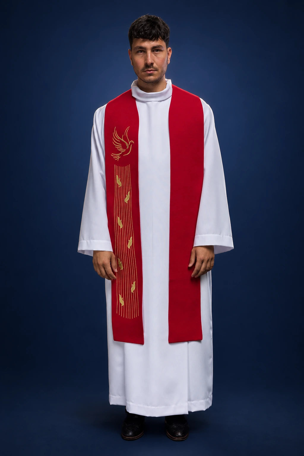 Front view of a red stole with Holy Spirit embroidery and flame motif, worn over a white alb
