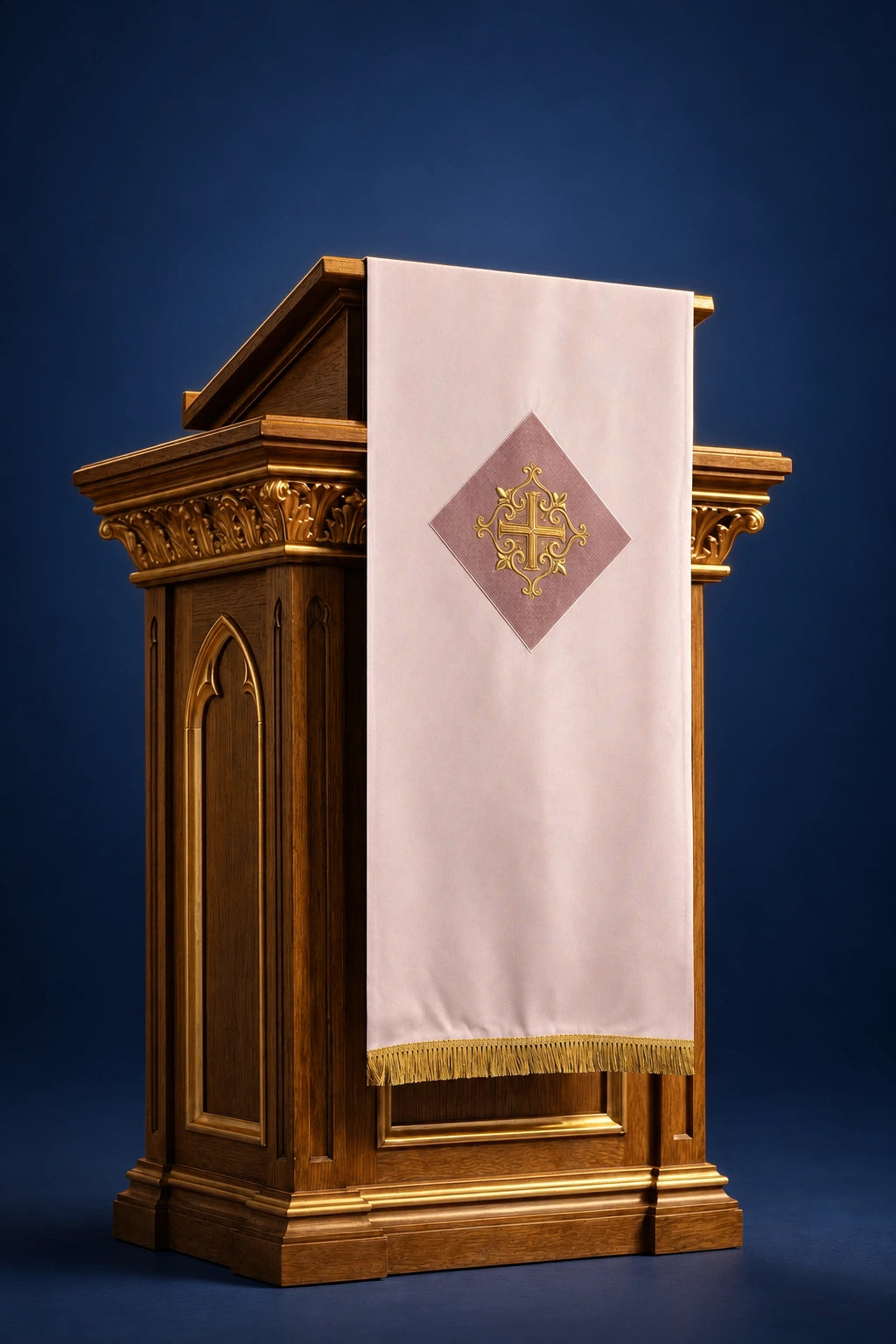 Front view of a rose lectern cover with embroidered cross and gold fringe at the hem