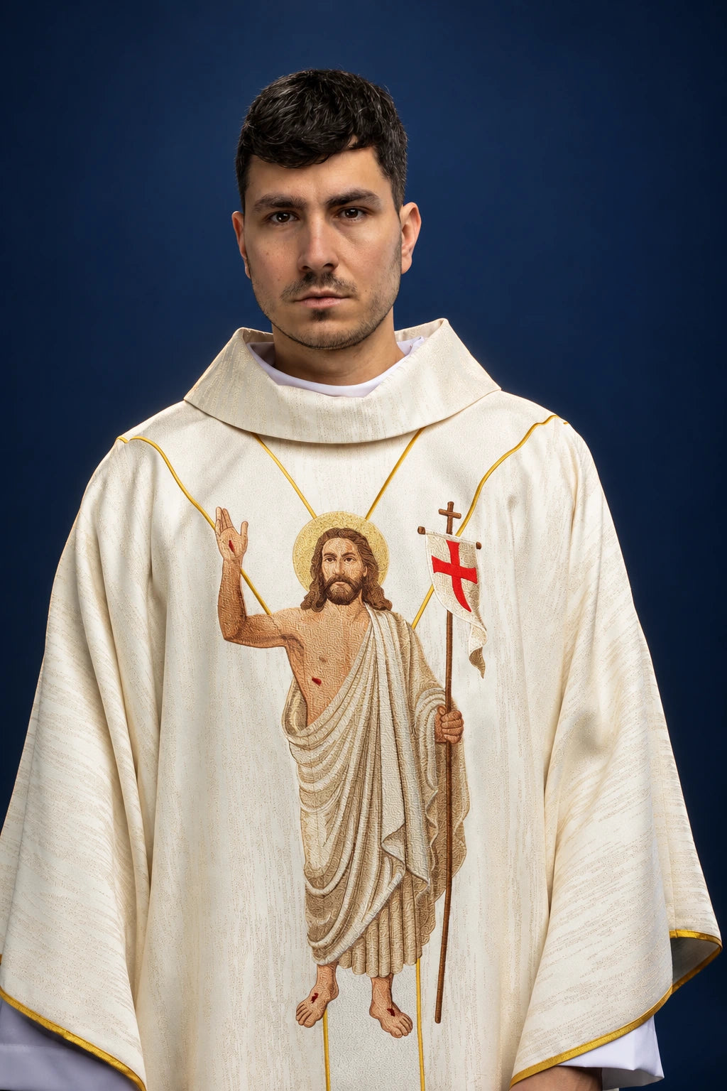 Front view of white chasuble with embroidered Risen Christ and paschal banner, gold trim