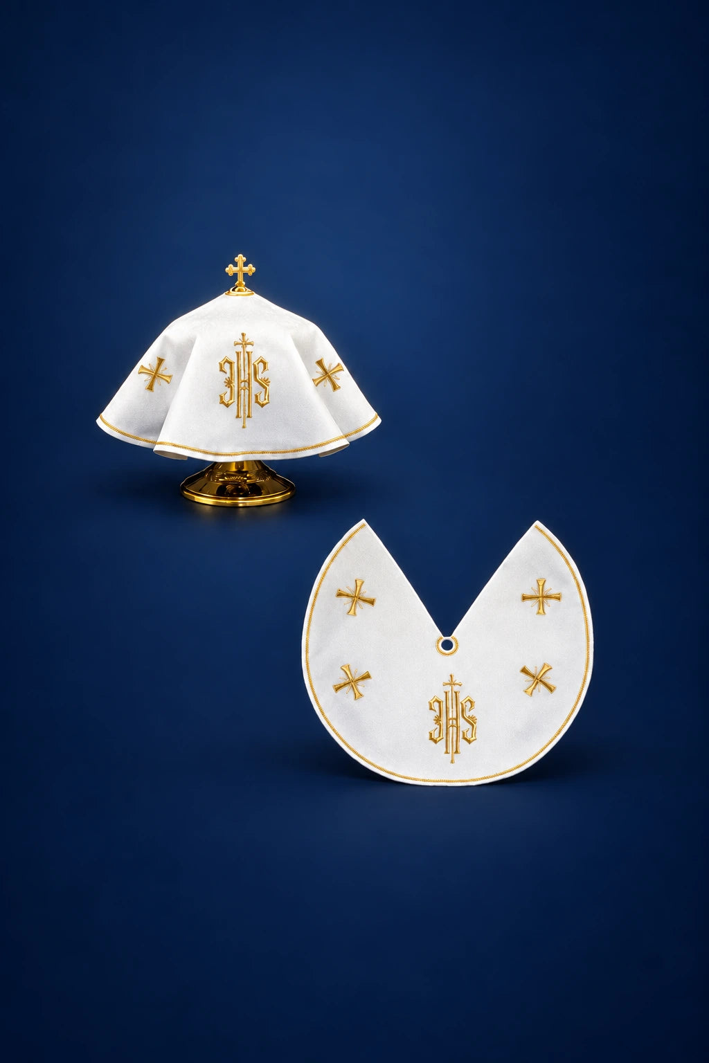 Front view of a white ciborium veil with gold IHS embroidery and crosses, shown with the matching top cover below