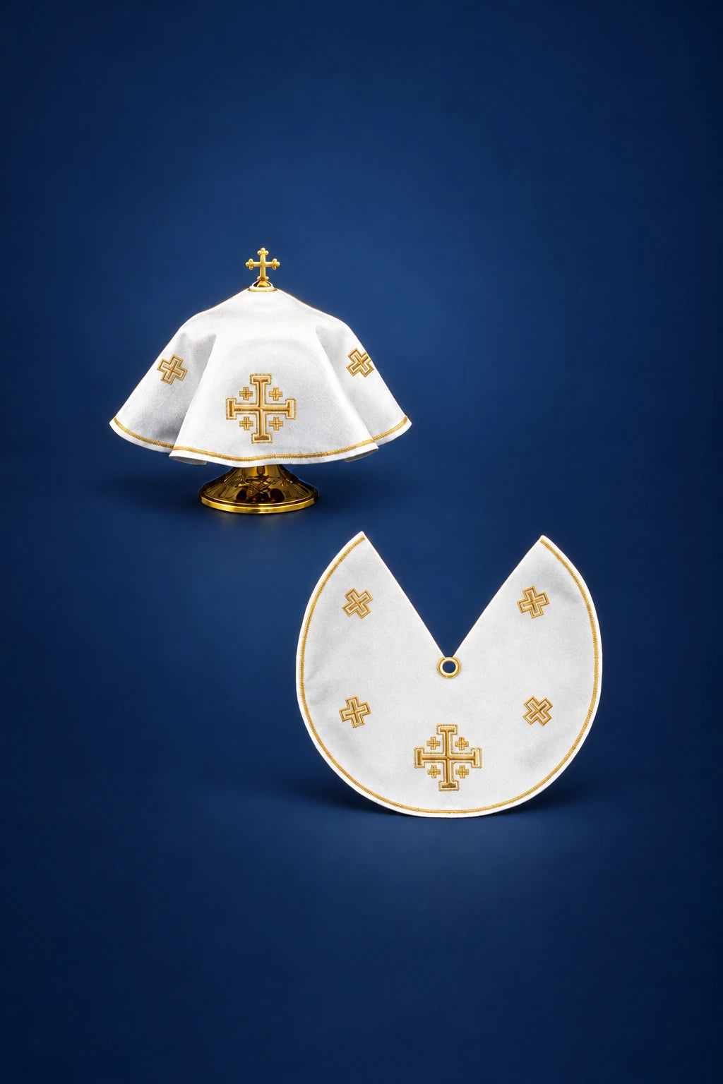 Front view of a white ciborium veil with gold trim and Jerusalem crosses, shown opened below