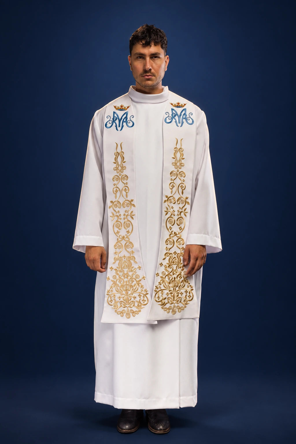 Front view of a white priest stole with blue Marian monograms and gold crown embroidery