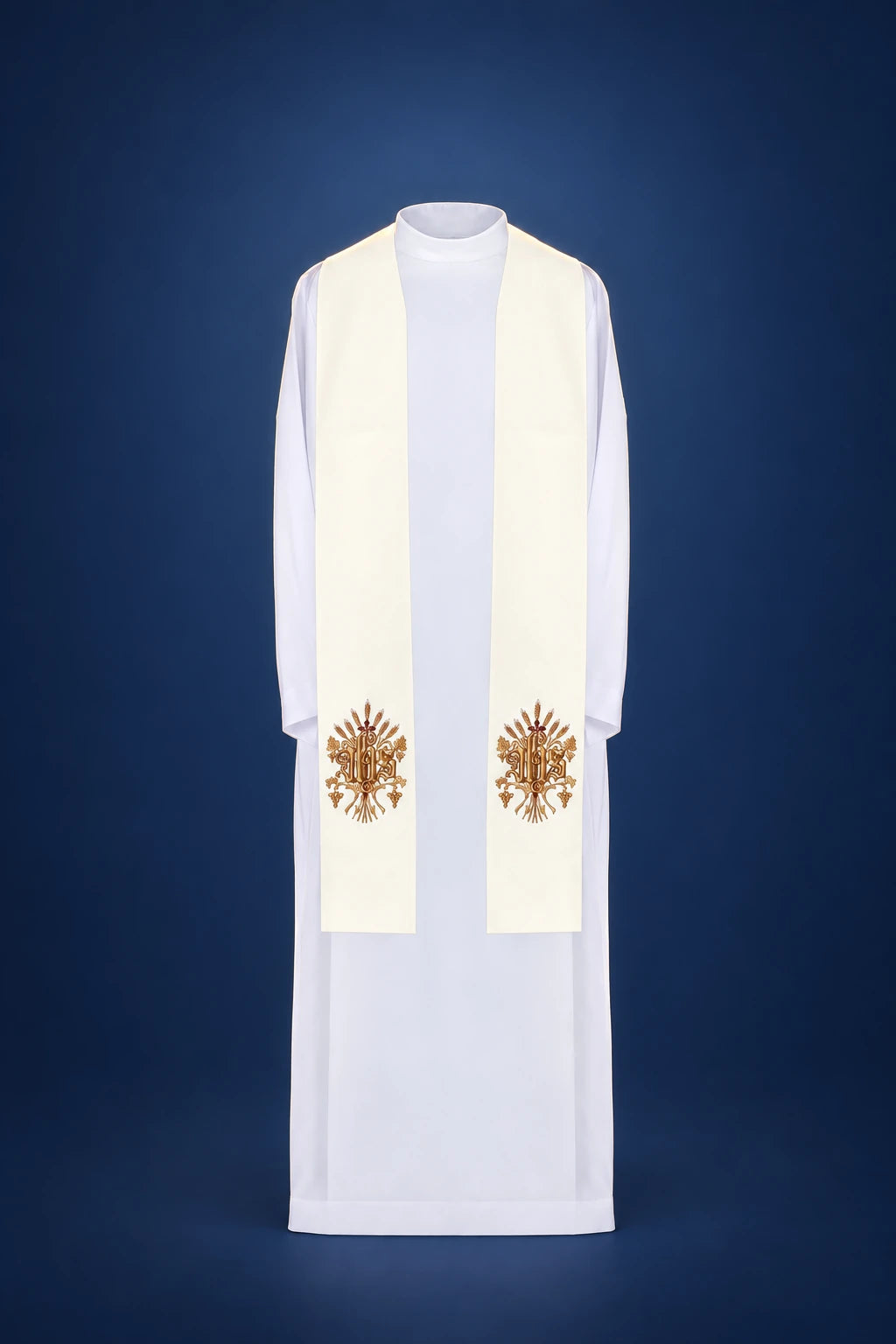 Front view of a white priest stole with gold IHS embroidery near the lower ends