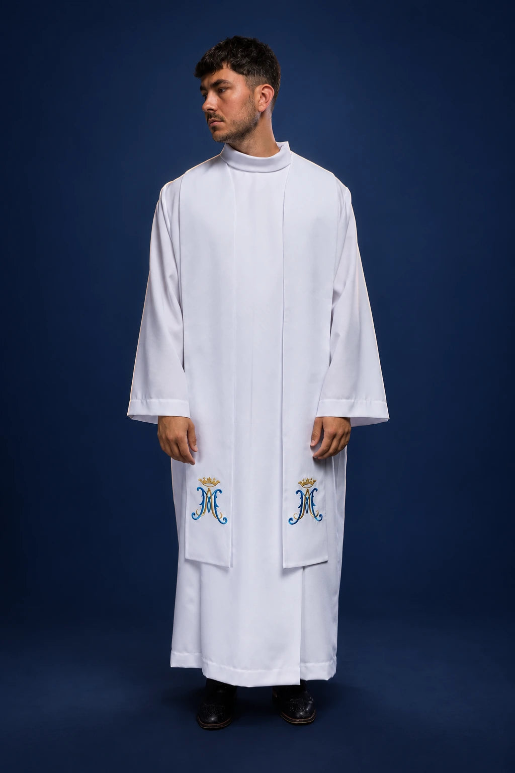 Front view of a white priest stole with Marian embroidery near the lower ends