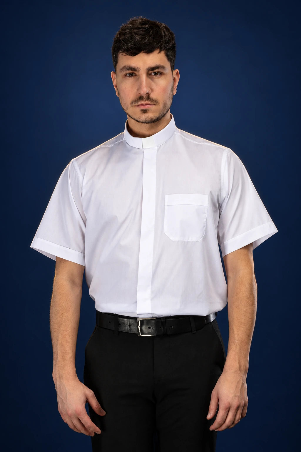 Front view of a white short-sleeve clergy shirt with clerical collar and chest pocket