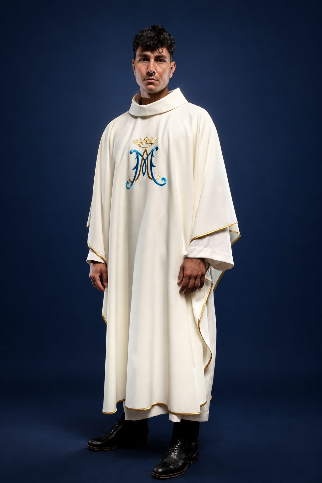Chasuble in Ecru with Blue and Gold Crowned Marian Monogram and Gold Edging
