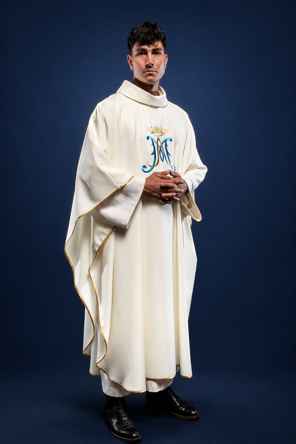 Chasuble in Ecru with Blue and Gold Crowned Marian Monogram and Gold Edging