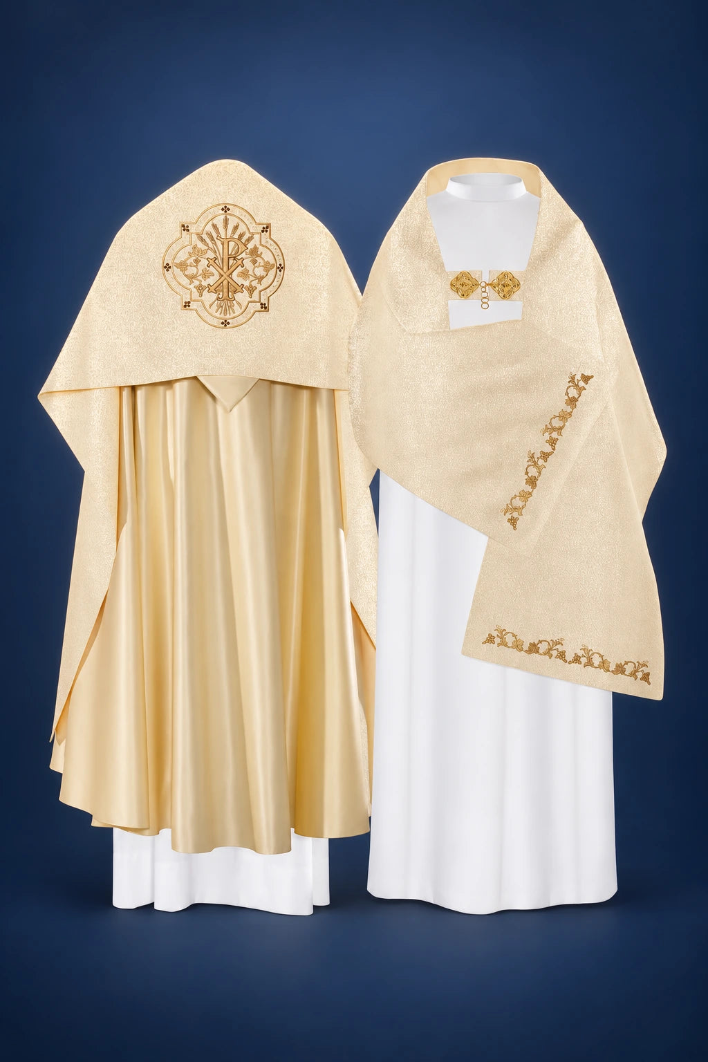 Gold liturgical veil, front and back view, with PAX embroidery and floral trim