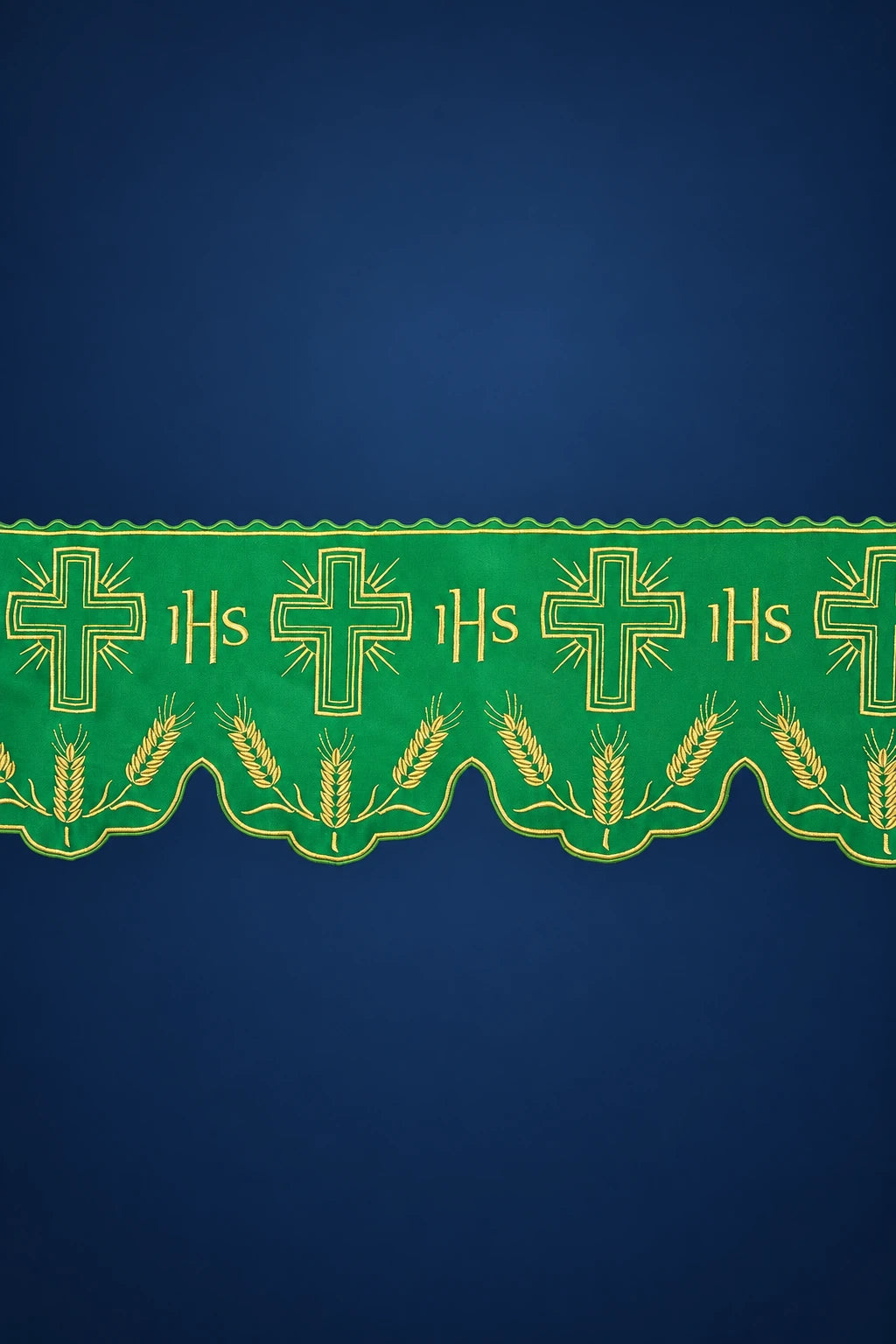 Green altar lace trim with IHS monograms, cross motifs, and wheat embroidery