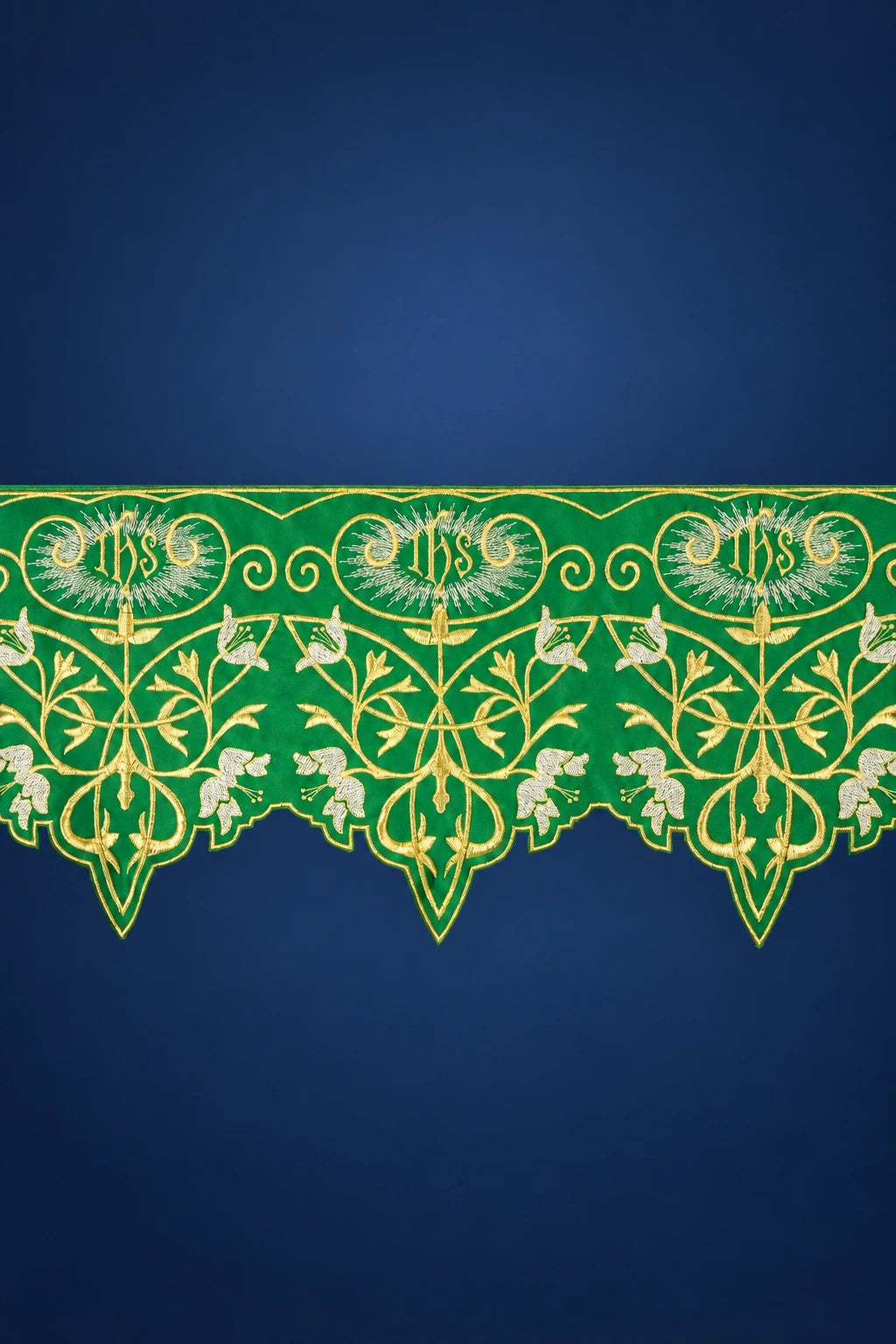 Green altar lace trim with repeated IHS monograms and vine motifs