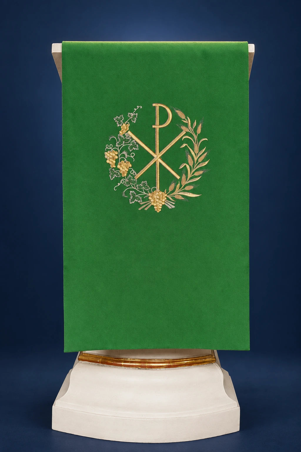 Green lectern cover with PAX embroidery, front view, hanging straight and centered on the stand