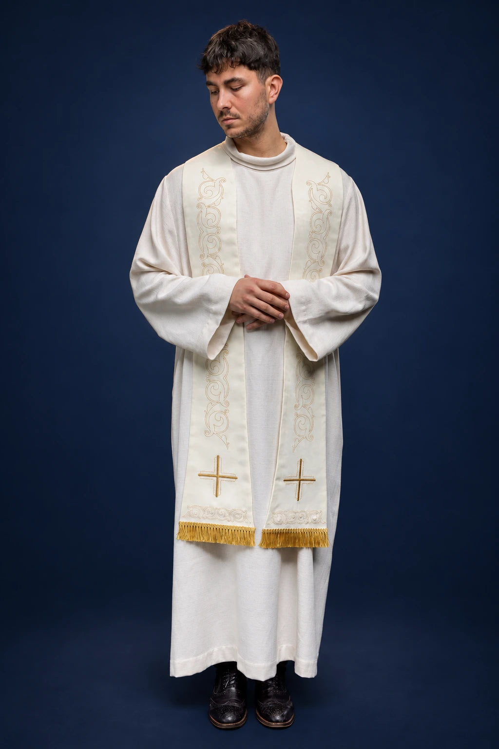 Roman Stole with Cross Embroidery, ecru front view with gold embroidery, crosses and fringe