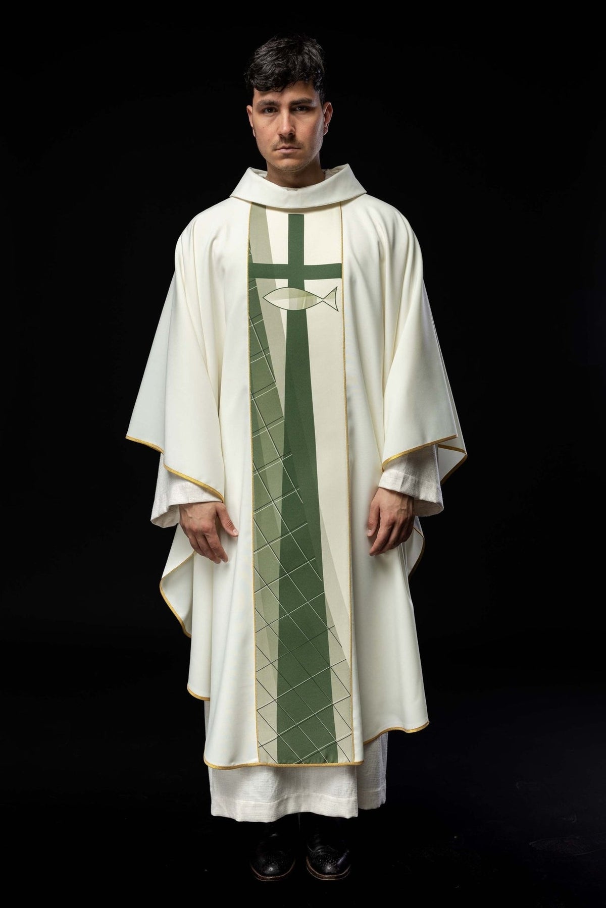 White chasuble with green cross, fish motif and gold trim, full front view