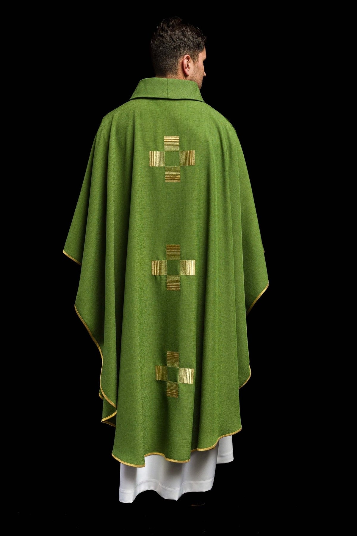 Green chasuble full back view with three gold embroidered crosses and gold trim