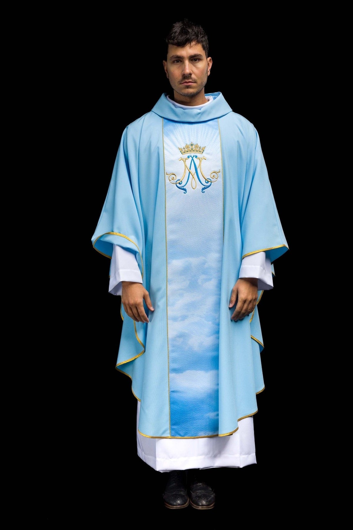 Blue Marian chasuble front view showing cloud-patterned orphrey and gold edging