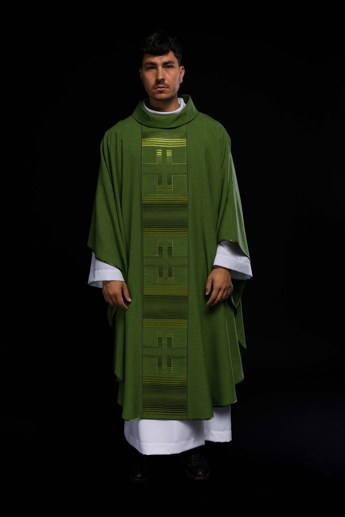 Green chasuble with three embroidered crosses, full front view