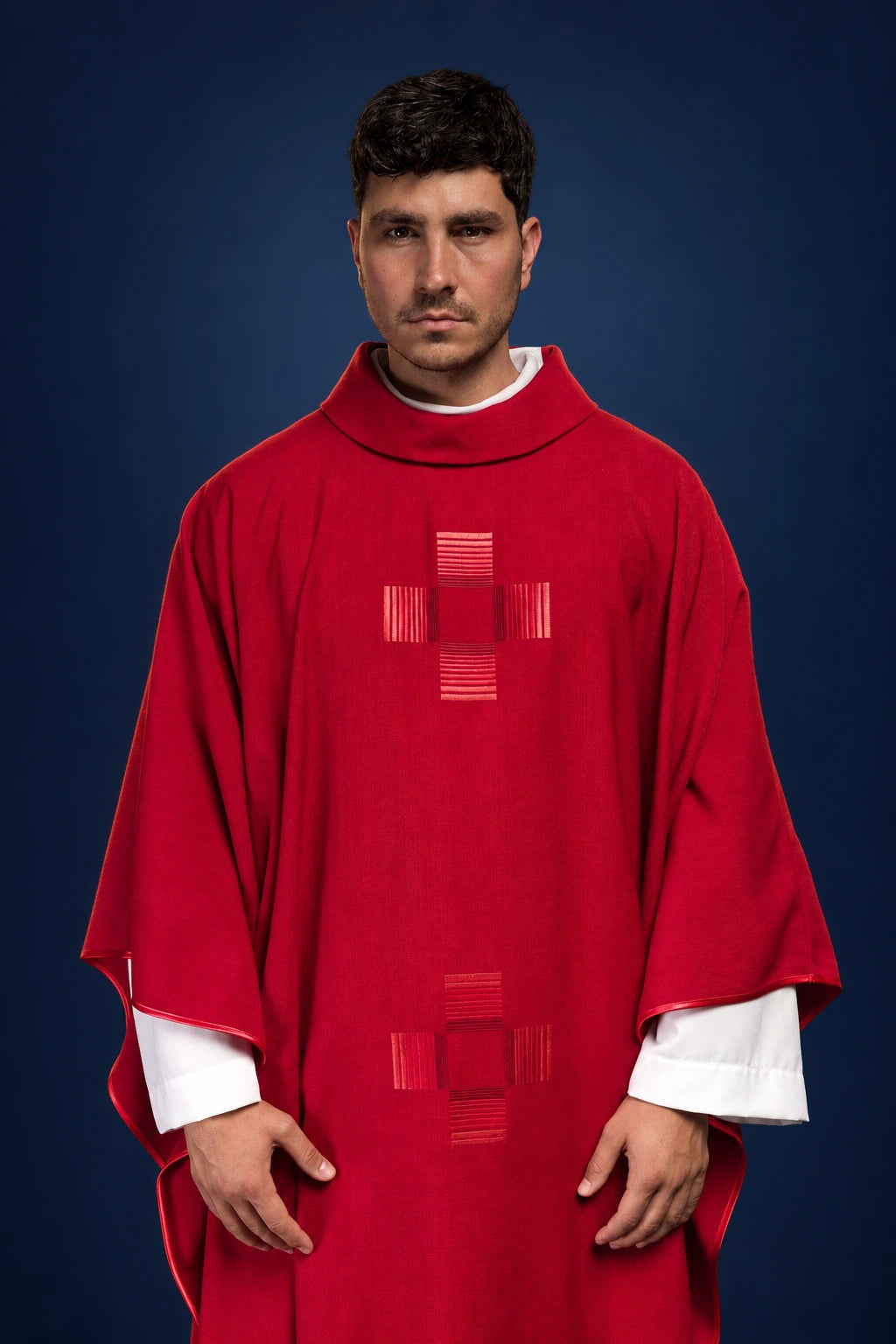 Red Catholic Chasuble with Embroidered Crosses, front view with red and gold cross embroidery