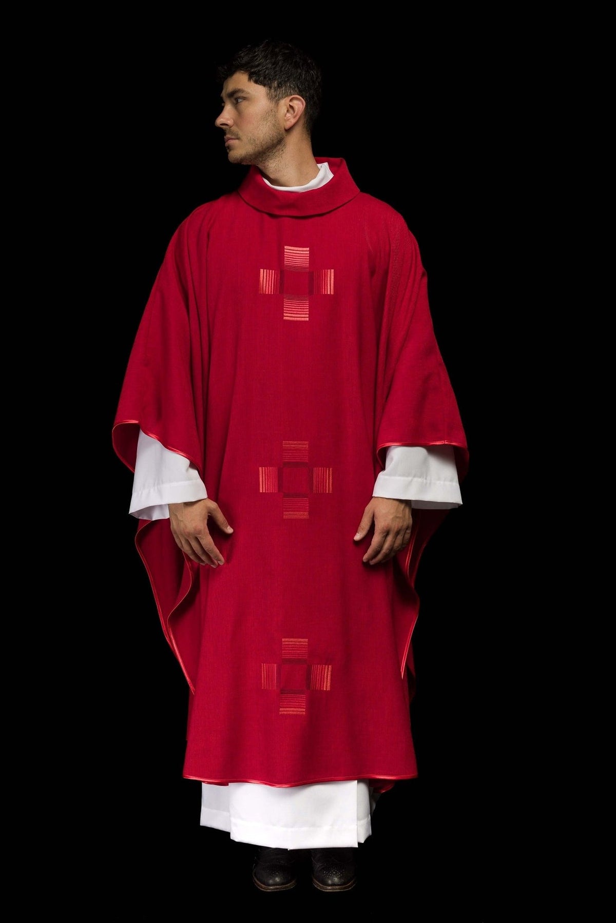 Red chasuble, full front view with three embroidered crosses and satin trim
