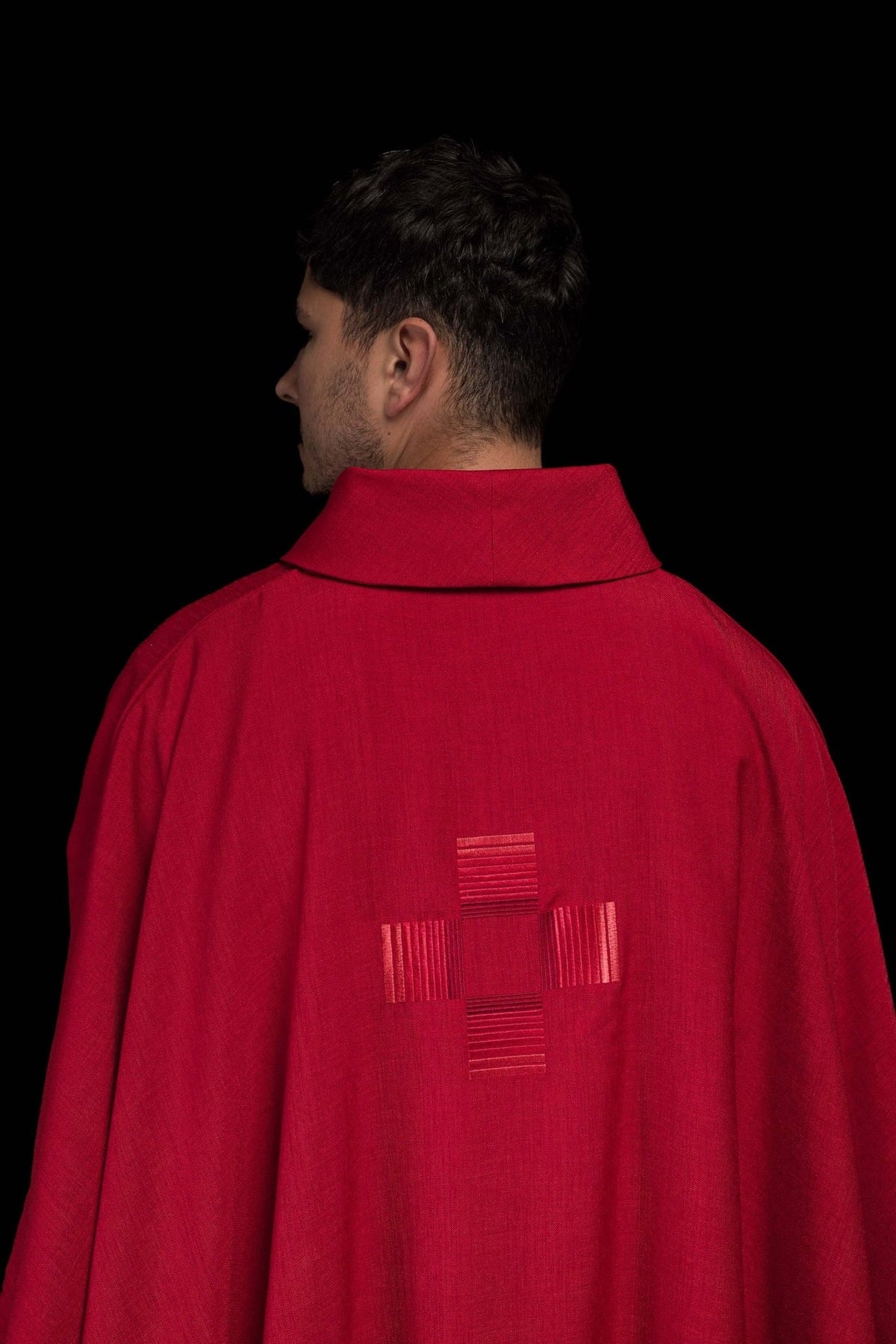 Red chasuble upper front view with embroidered cross and collar