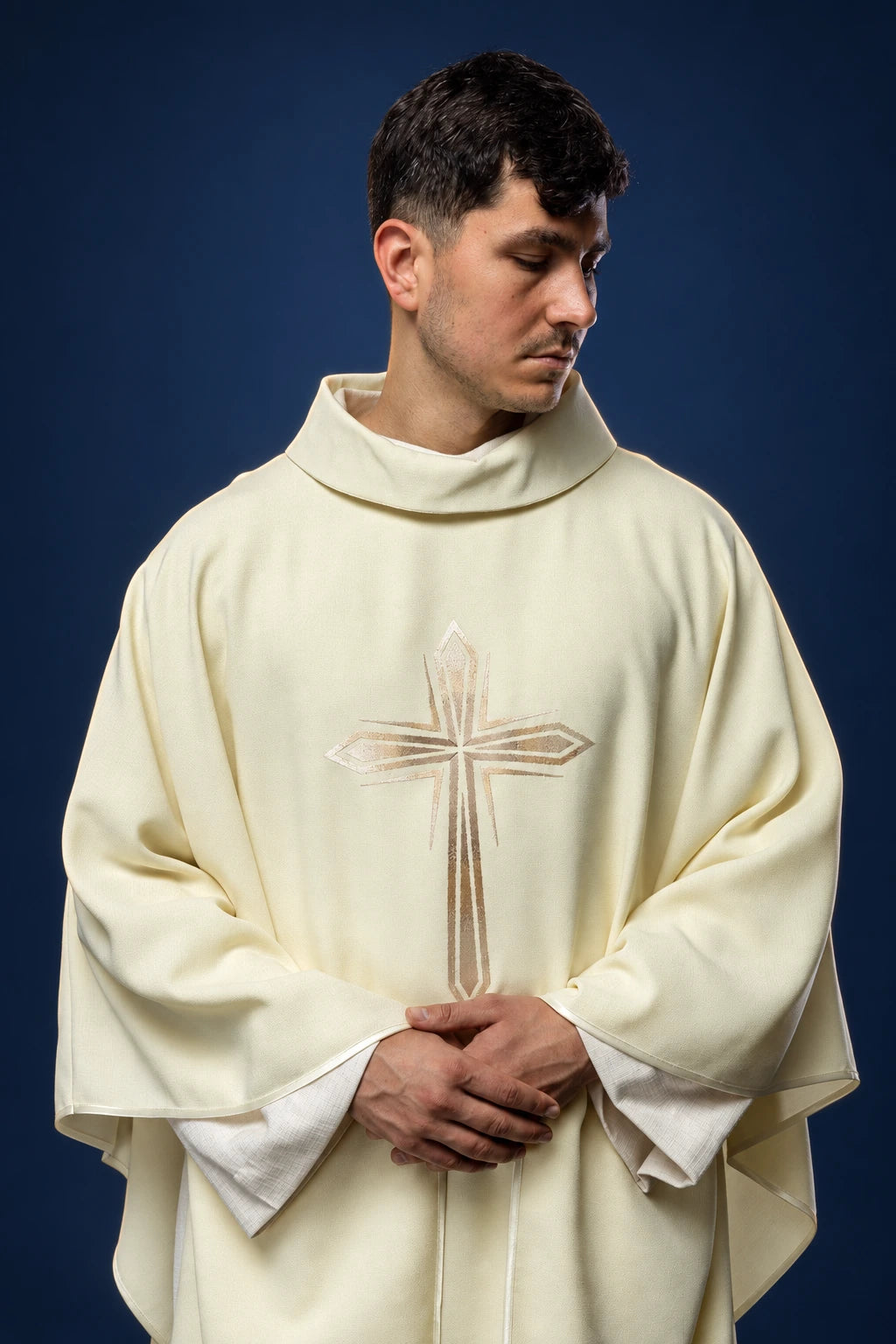 Embroidered Chasuble with a Cross Pattern in Ecru, front view with stand-up collar