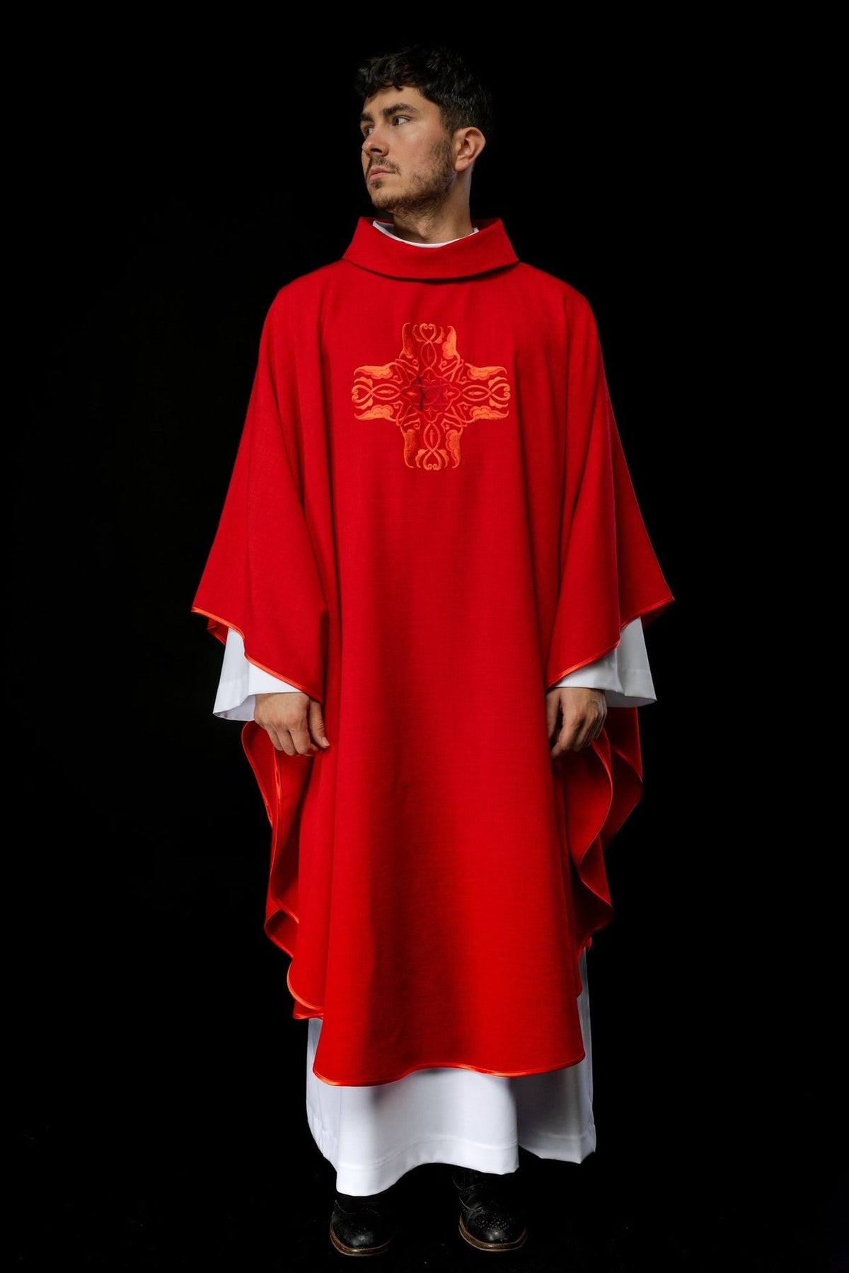 Red chasuble front view with gold cross embroidery and satin trim