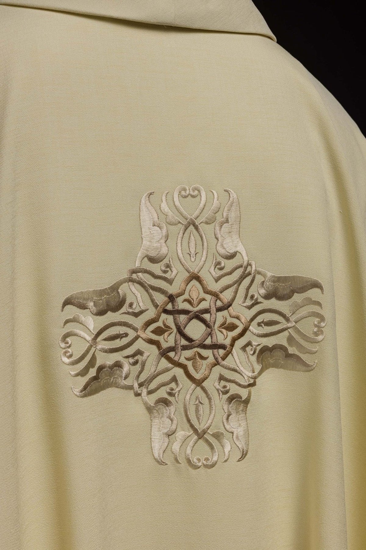 Ecru chasuble close-up of stand-up collar