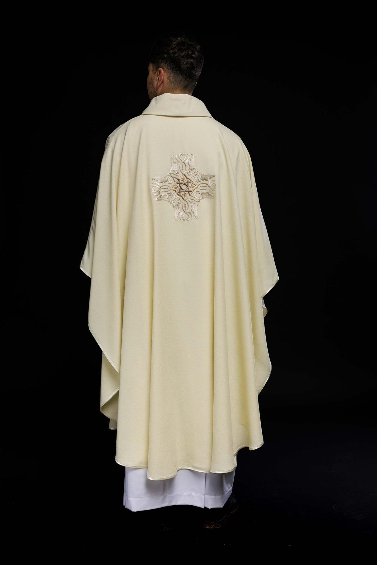 Ecru chasuble back view with embroidered cross