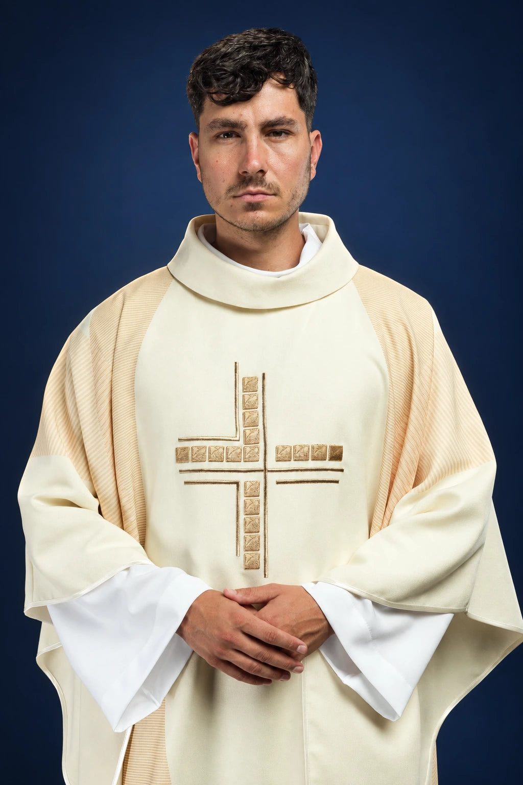 Ecru Chasuble with an Embroidered Cross, front view with stand-up collar and gold cross