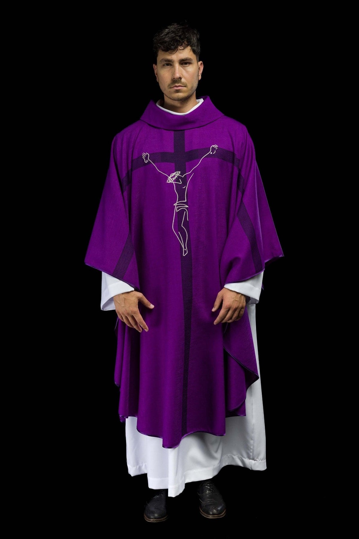 Purple chasuble front view with cross and Jesus embroidery