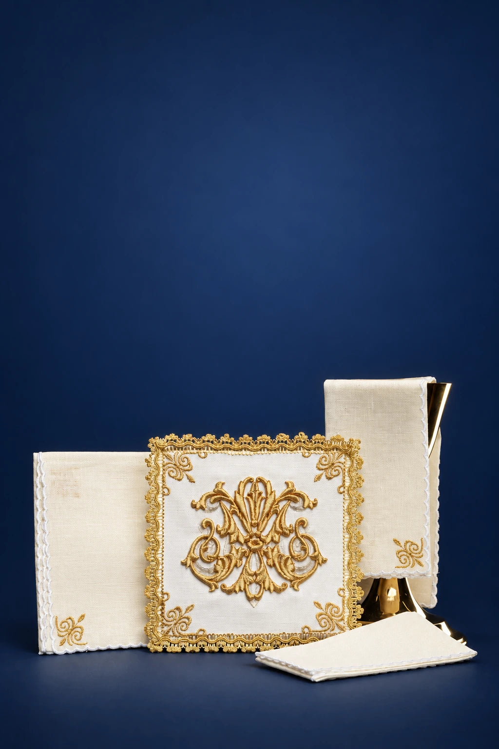 Embroidered Marian Altar Linen Set with Gold Embellishments, front view in white linen with gold embroidery