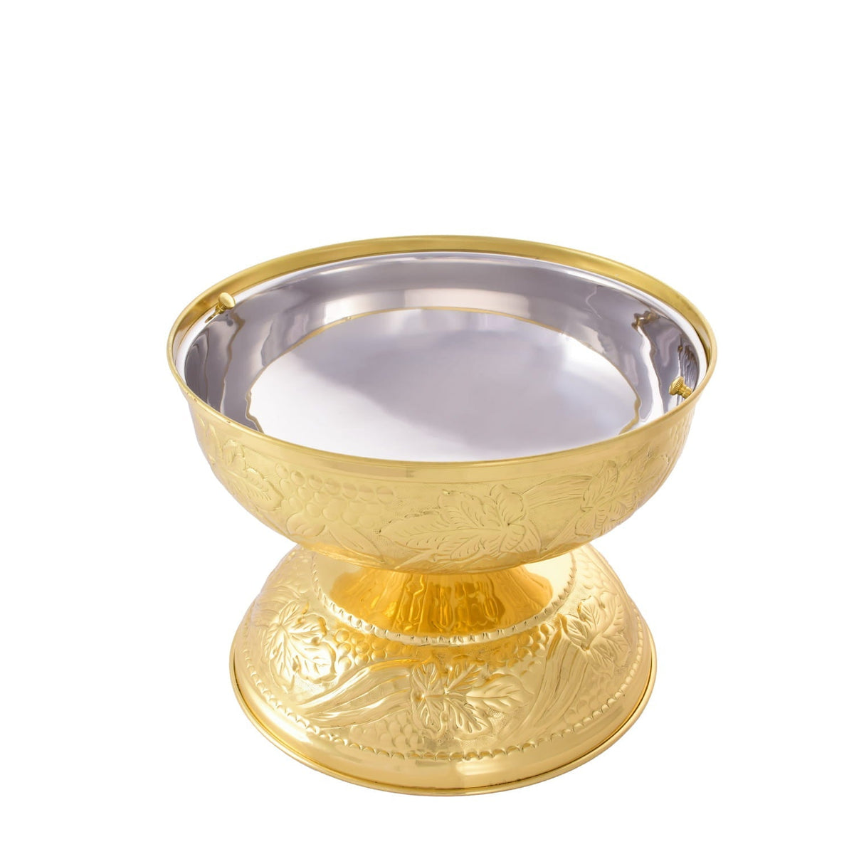Brass baptismal font open, showing its nickel-plated basin and embossed vine motifs