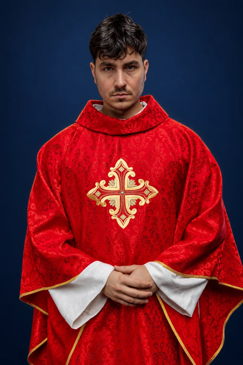 Red Catholic Chasuble in Patterned Fabric with a Cross, front view with gold embroidered cross and gold trim
