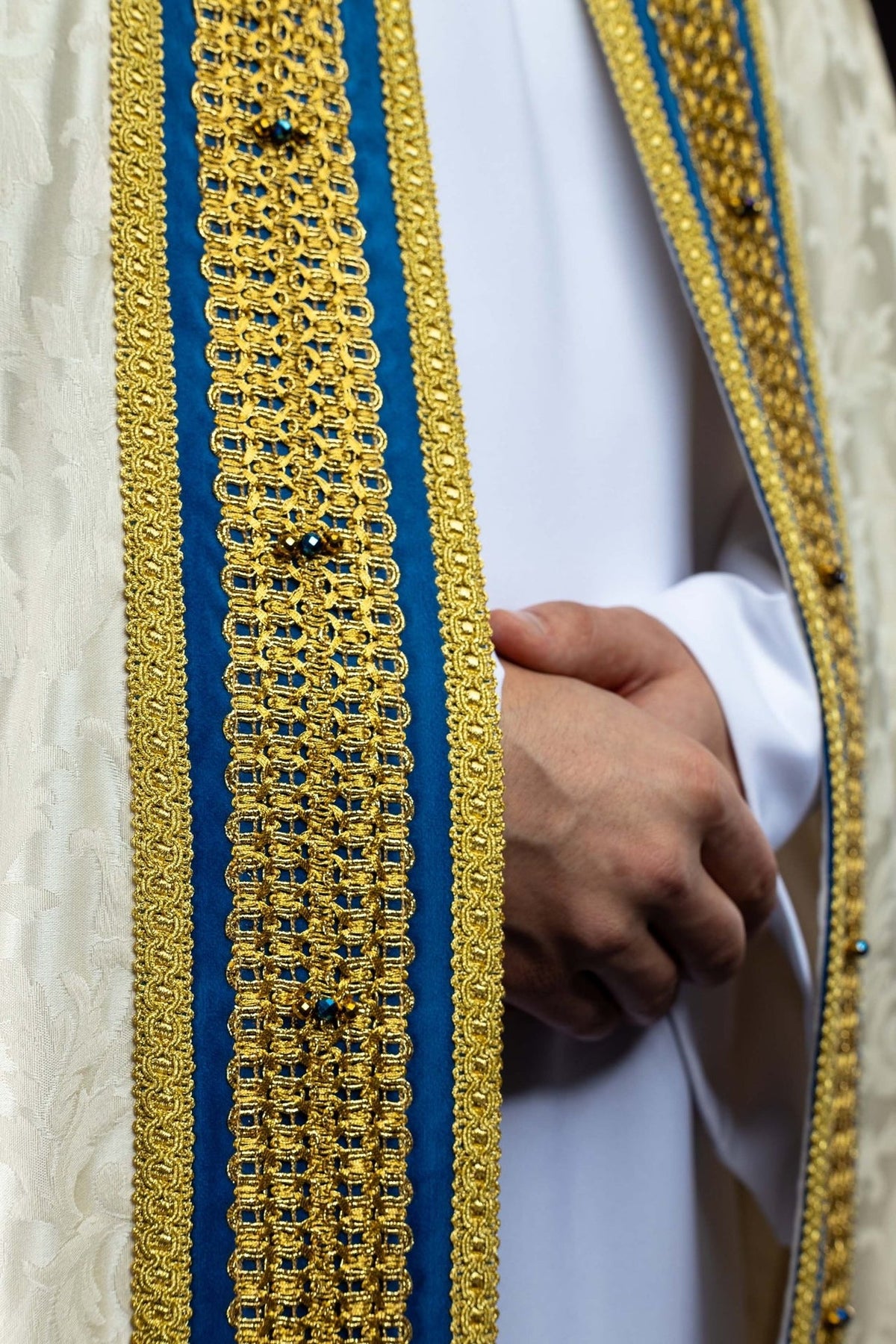 Marian cope front panel close-up with blue velvet and dense gold embroidery