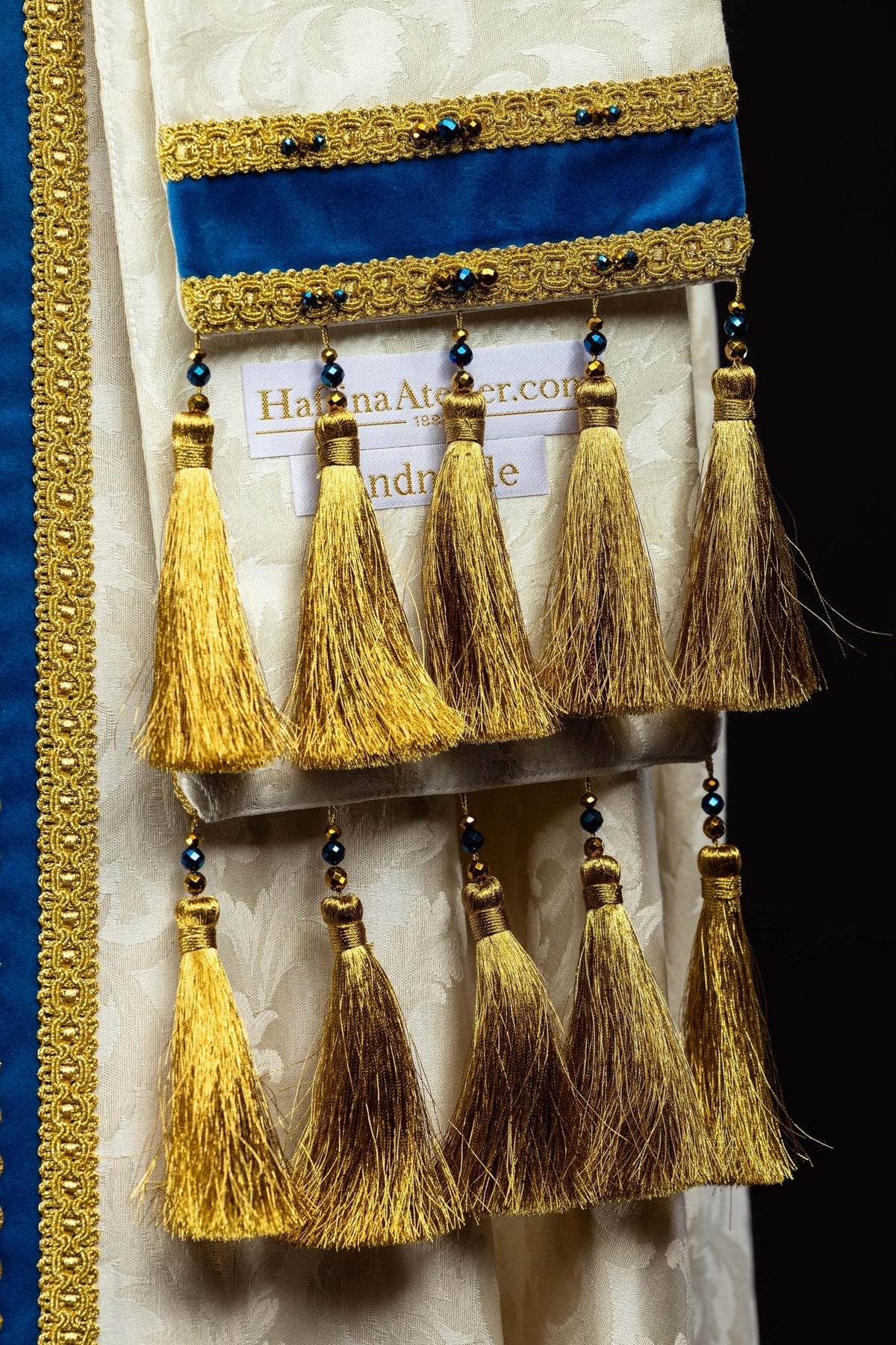 Marian cope lower trim with blue velvet, gold edging and hanging tassels