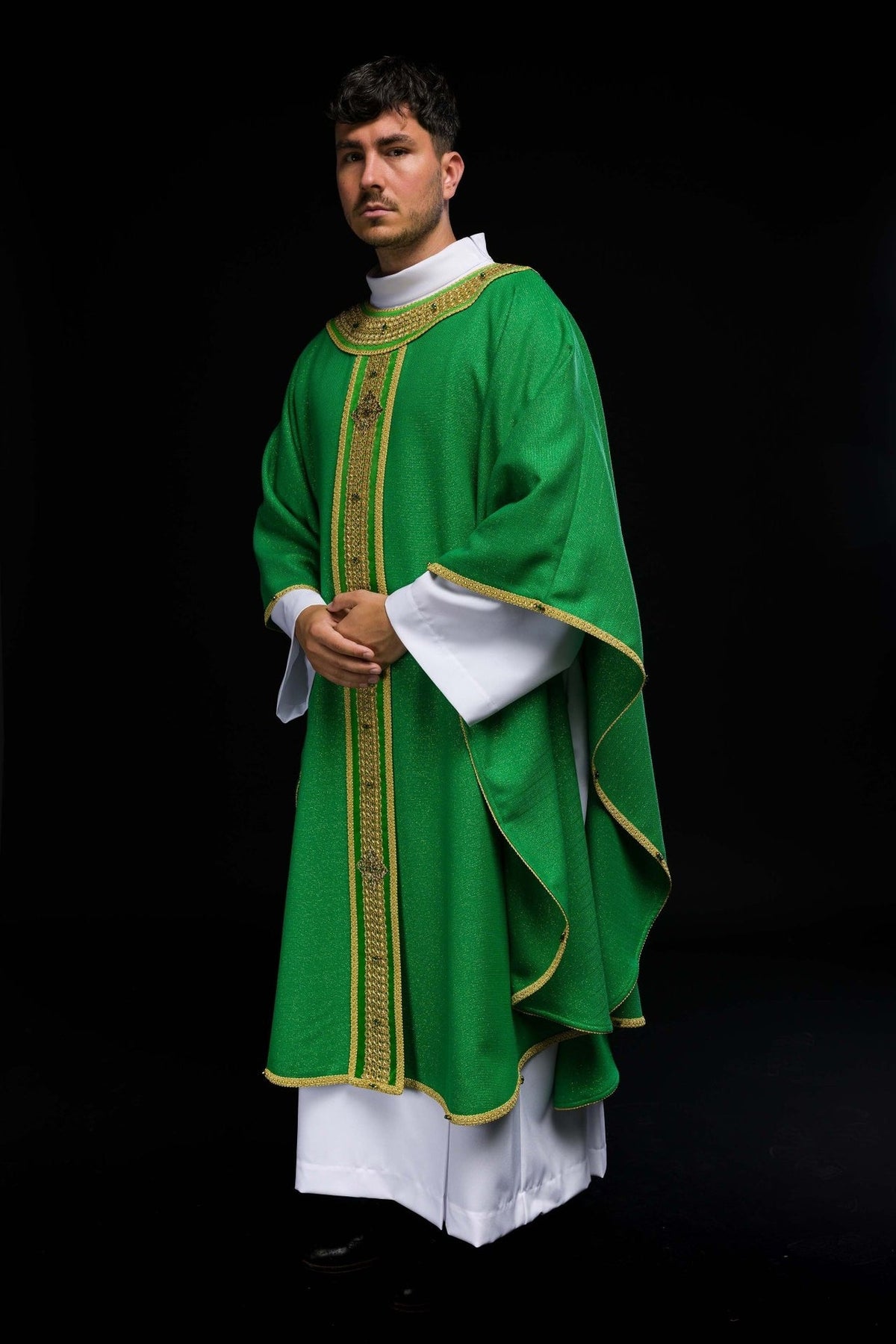 Green chasuble worn, front view with gold orphrey and embroidery
