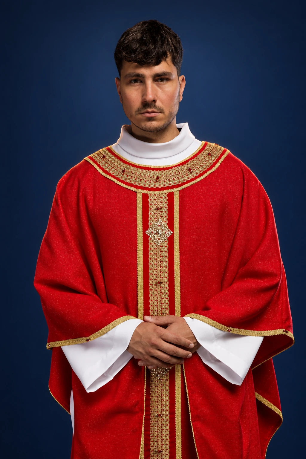 Handcrafted Chasuble with Natural Stones, Handmade 7001 in red, worn front view with gold embroidery