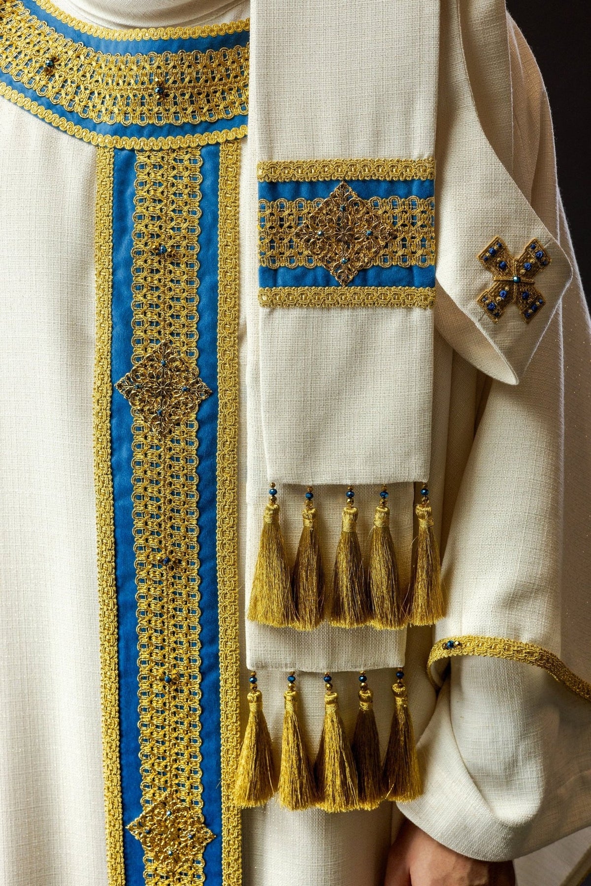 Handcrafted chasuble ivory fabric and gold edge trim with blue stones