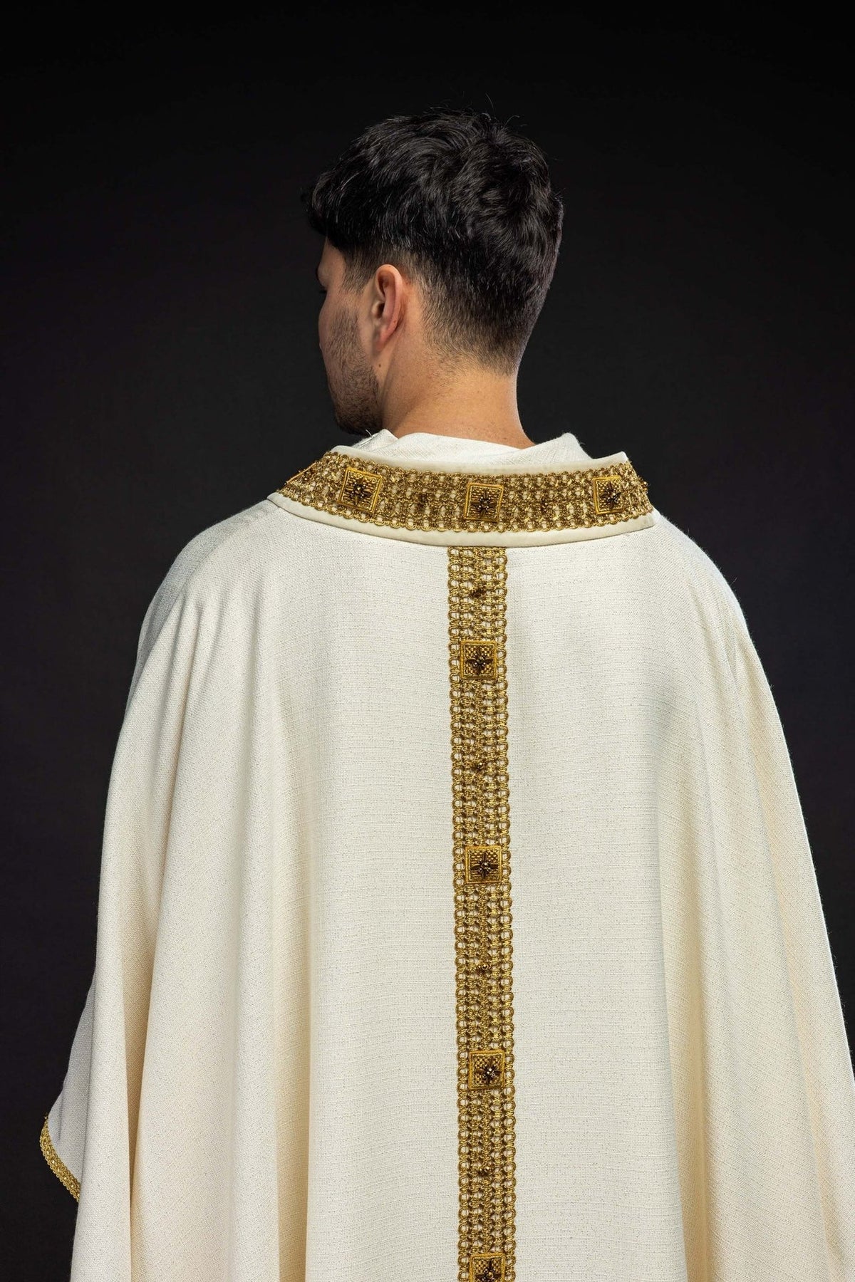 Handcrafted chasuble back view with gold orphrey and embroidered collar