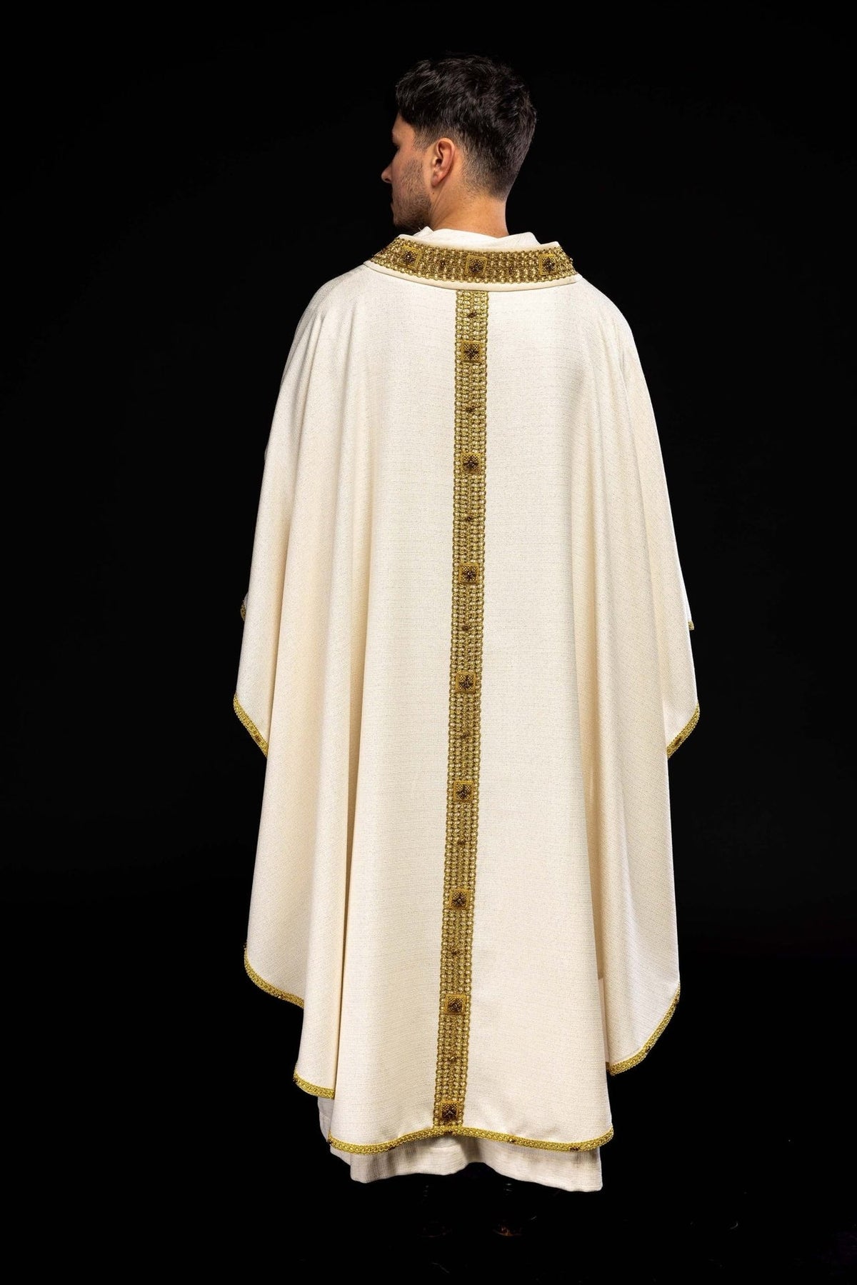 Handcrafted chasuble full back view in ecru with gold orphrey